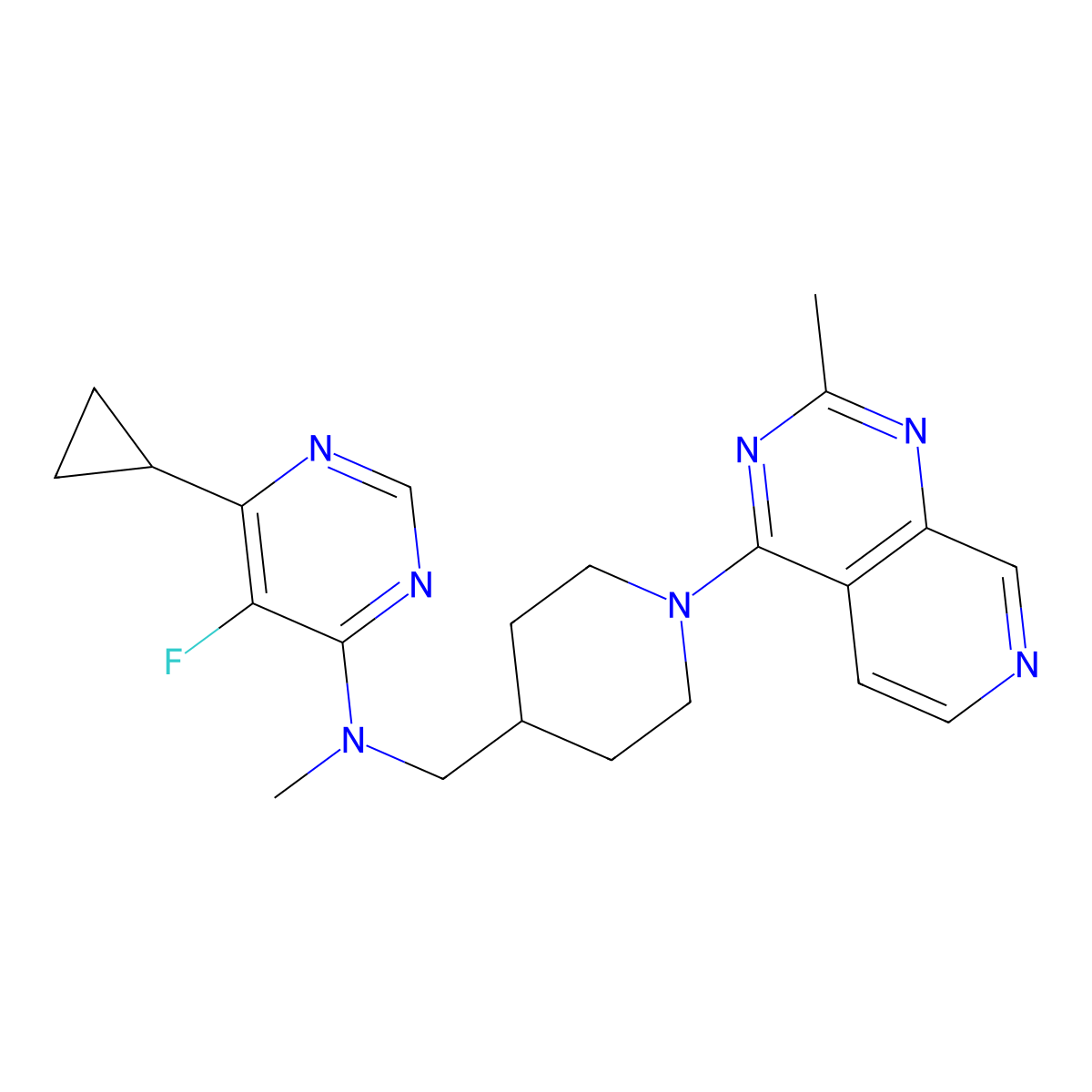 6-cyclopropyl-5-fluoro-N-methyl-N-[(1-{2-methylpyrido[3,4-d]pyrimidin-4-yl}piperidin-4-yl)methyl]pyrimidin-4-amine molecular structure, CAS 2741957-65-1