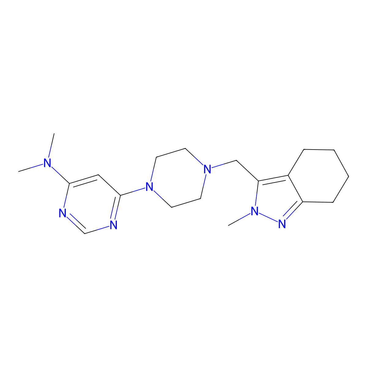 N,N-dimethyl-6-{4-[(2-methyl-4,5,6,7-tetrahydro-2H-indazol-3-yl)methyl]piperazin-1-yl}pyrimidin-4-amine molecular structure, CAS 2741957-71-9