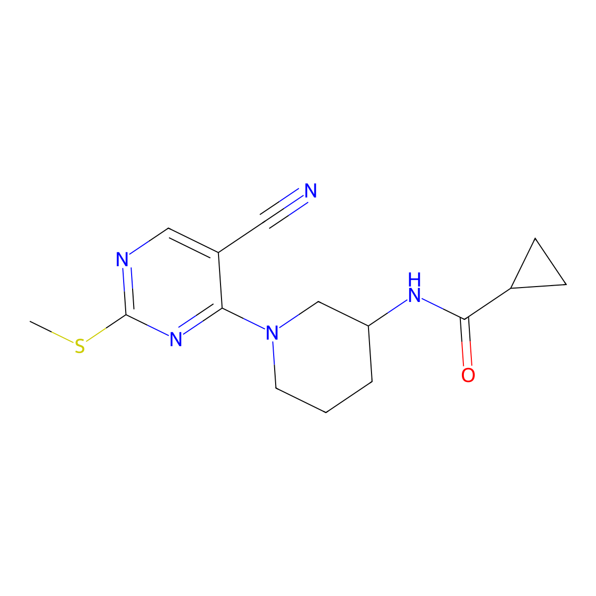 N-{1-[5-cyano-2-(methylsulfanyl)pyrimidin-4-yl]piperidin-3-yl}cyclopropanecarboxamide molecular structure, CAS 2741957-75-3