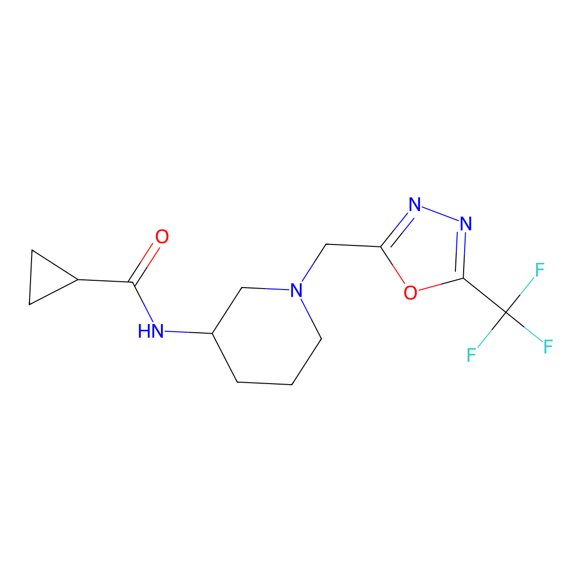 N-(1-{[5-(trifluoromethyl)-1,3,4-oxadiazol-2-yl]methyl}piperidin-3-yl)cyclopropanecarboxamide molecular structure, CAS 2741957-80-0