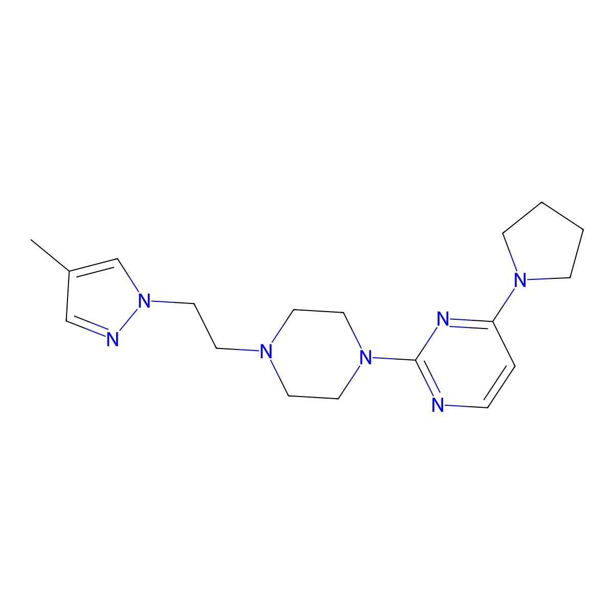 2-{4-[2-(4-methyl-1H-pyrazol-1-yl)ethyl]piperazin-1-yl}-4-(pyrrolidin-1-yl)pyrimidine molecular structure, CAS 2741957-81-1