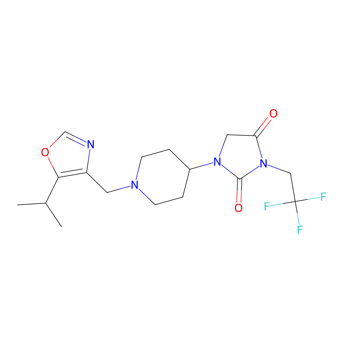 1-(1-{[5-(Propan-2-yl)-1,3-oxazol-4-yl]methyl}piperidin-4-yl)-3-(2,2,2-trifluoroethyl)imidazolidine-2,4-dione molecular structure, CAS 2741957-87-7
