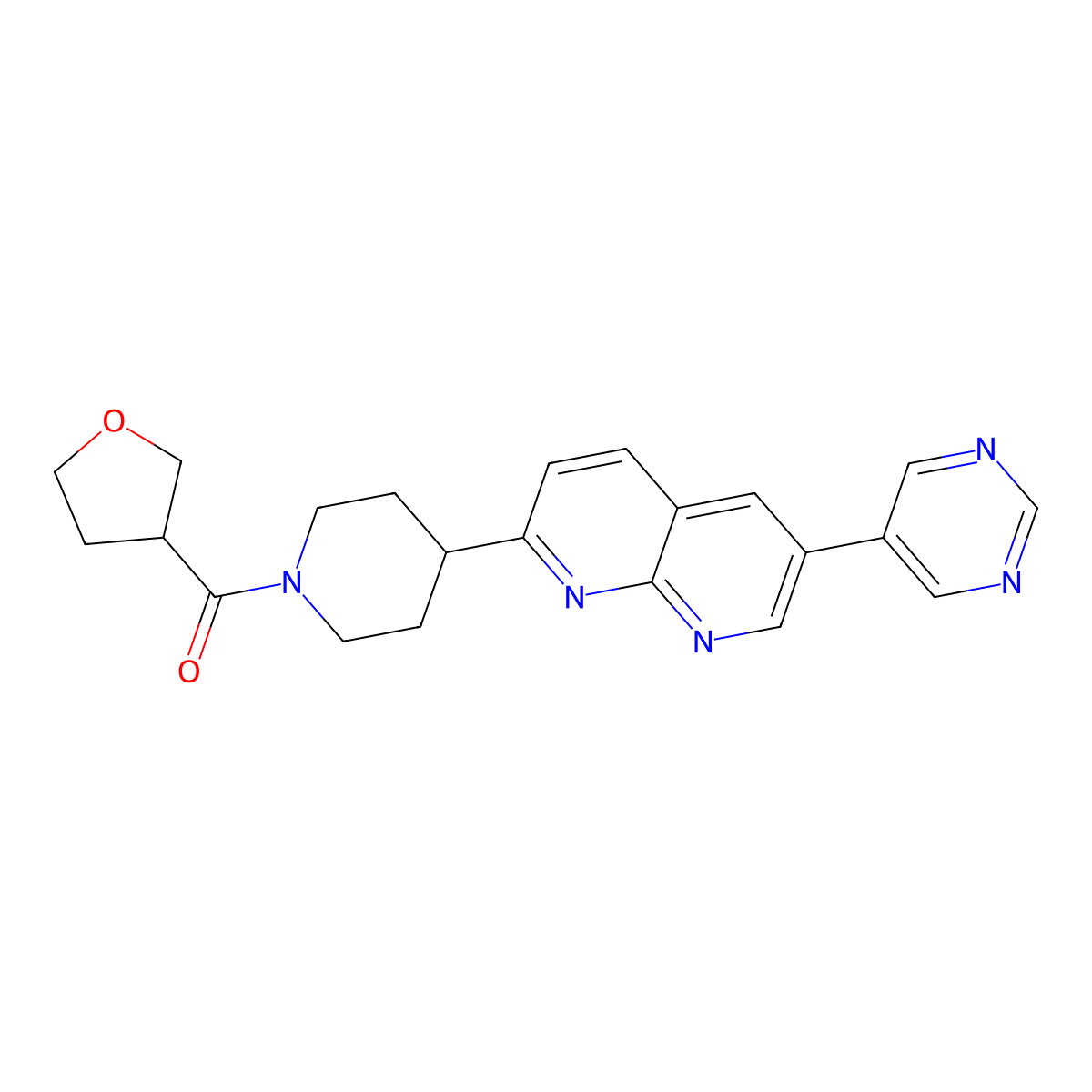 2-[1-(Oxolane-3-carbonyl)piperidin-4-yl]-6-(pyrimidin-5-yl)-1,8-naphthyridine molecular structure, CAS 2741958-00-7