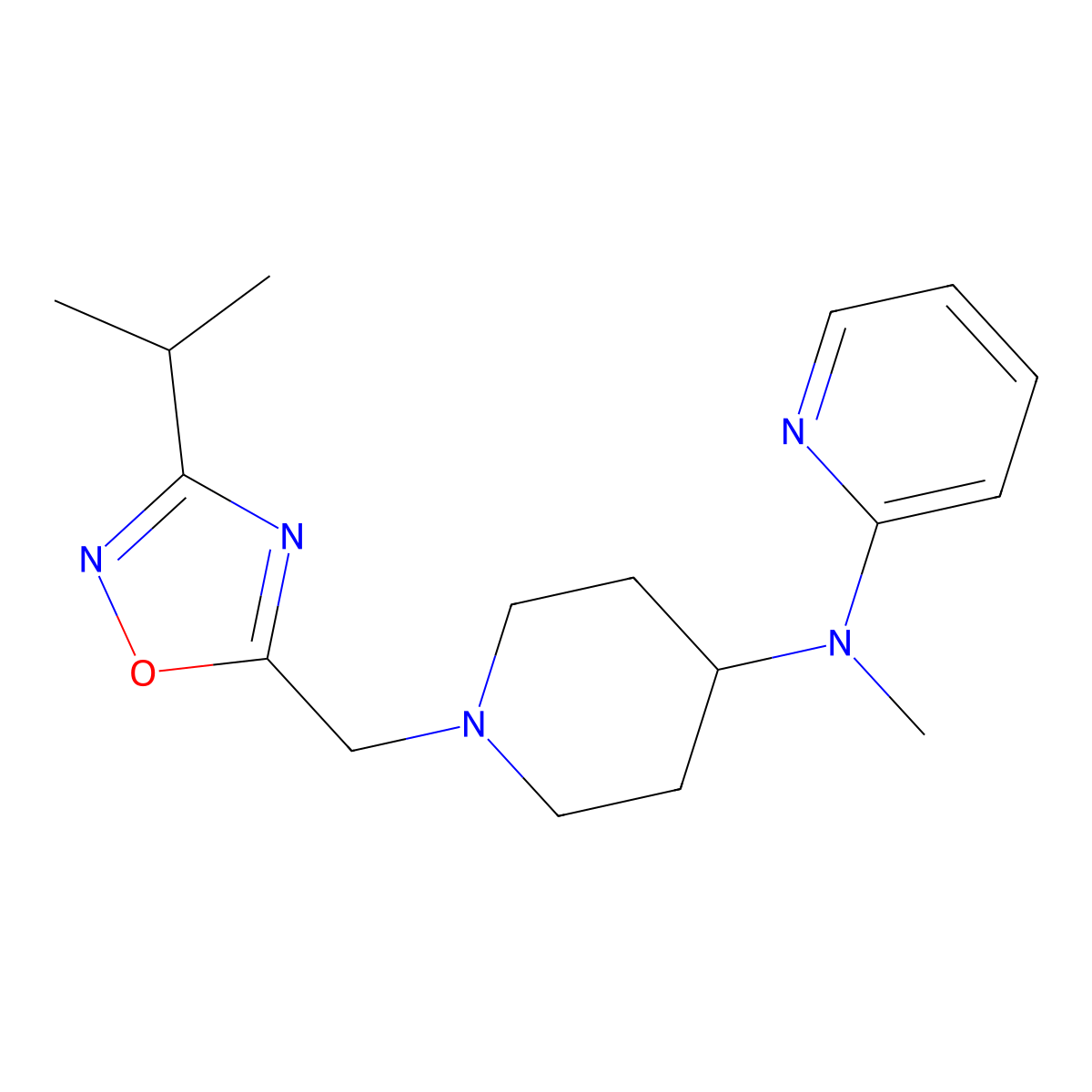 N-methyl-N-(1-{[3-(propan-2-yl)-1,2,4-oxadiazol-5-yl]methyl}piperidin-4-yl)pyridin-2-amine molecular structure, CAS 2741958-01-8