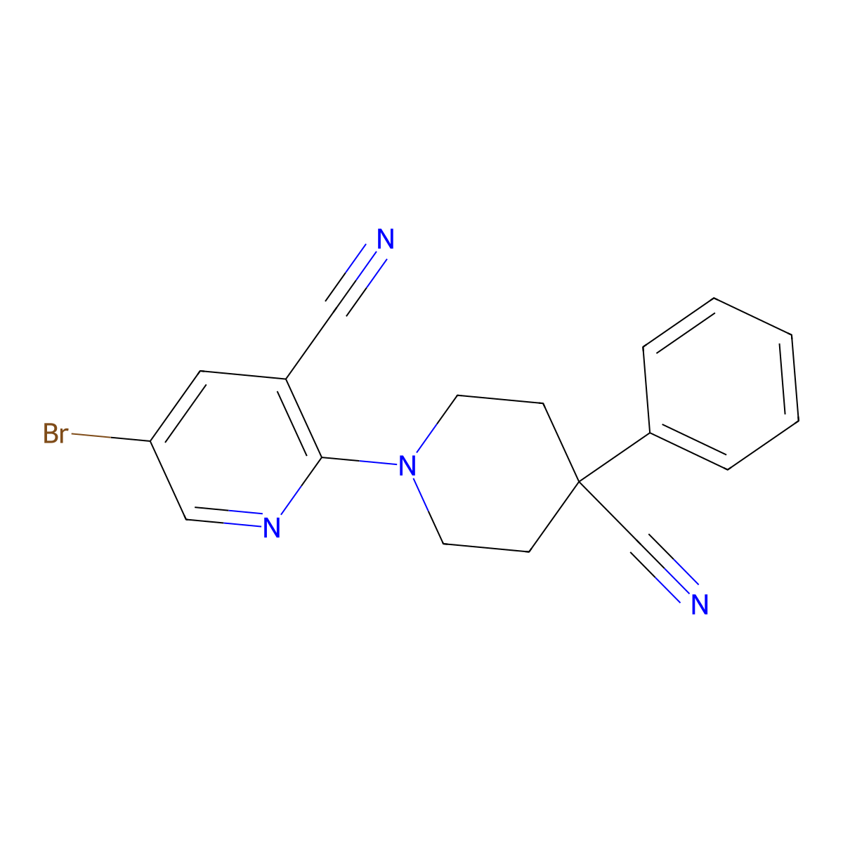 5-Bromo-2-(4-cyano-4-phenylpiperidin-1-yl)pyridine-3-carbonitrile molecular structure, CAS 2741958-08-5