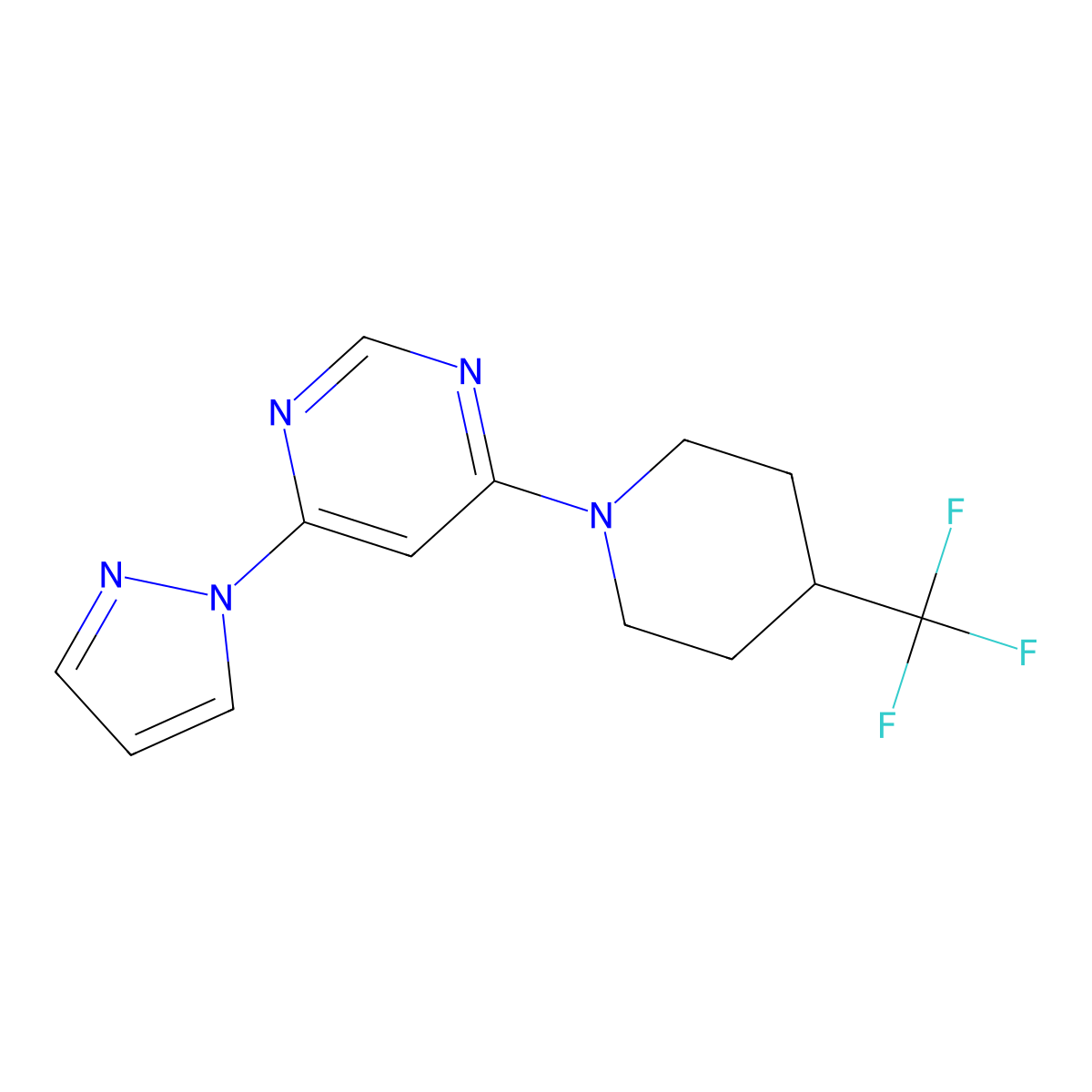 4-(1H-pyrazol-1-yl)-6-[4-(trifluoromethyl)piperidin-1-yl]pyrimidine molecular structure, CAS 2741958-11-0
