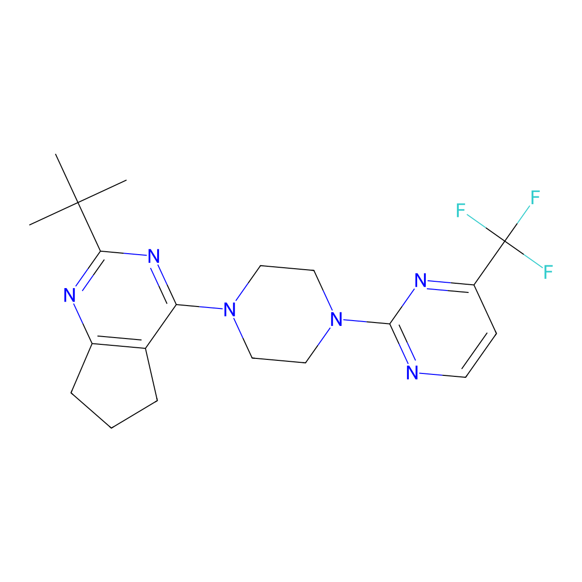 2-(4-{2-tert-butyl-5H,6H,7H-cyclopenta[d]pyrimidin-4-yl}piperazin-1-yl)-4-(trifluoromethyl)pyrimidine molecular structure, CAS 2741958-17-6