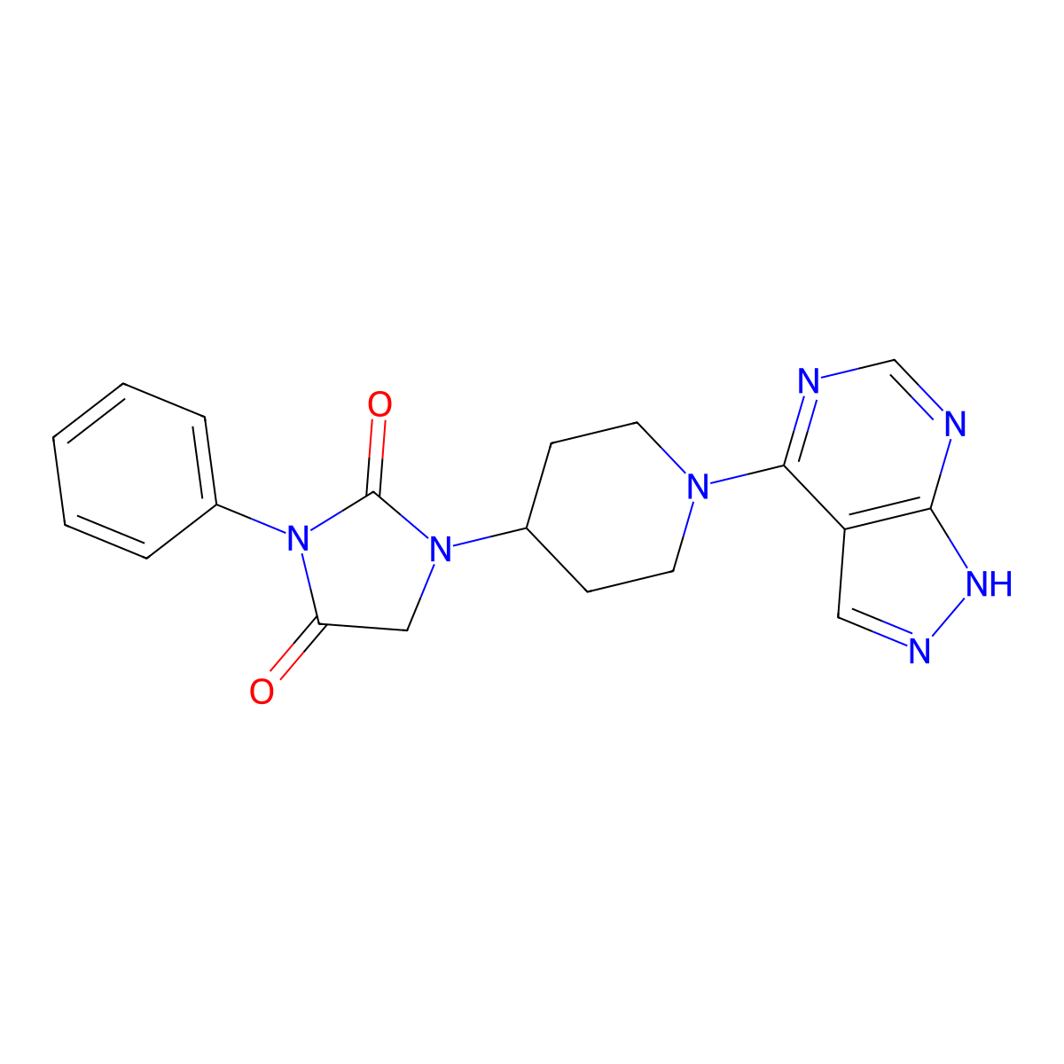 3-phenyl-1-(1-{1H-pyrazolo[3,4-d]pyrimidin-4-yl}piperidin-4-yl)imidazolidine-2,4-dione molecular structure, CAS 2741958-25-6