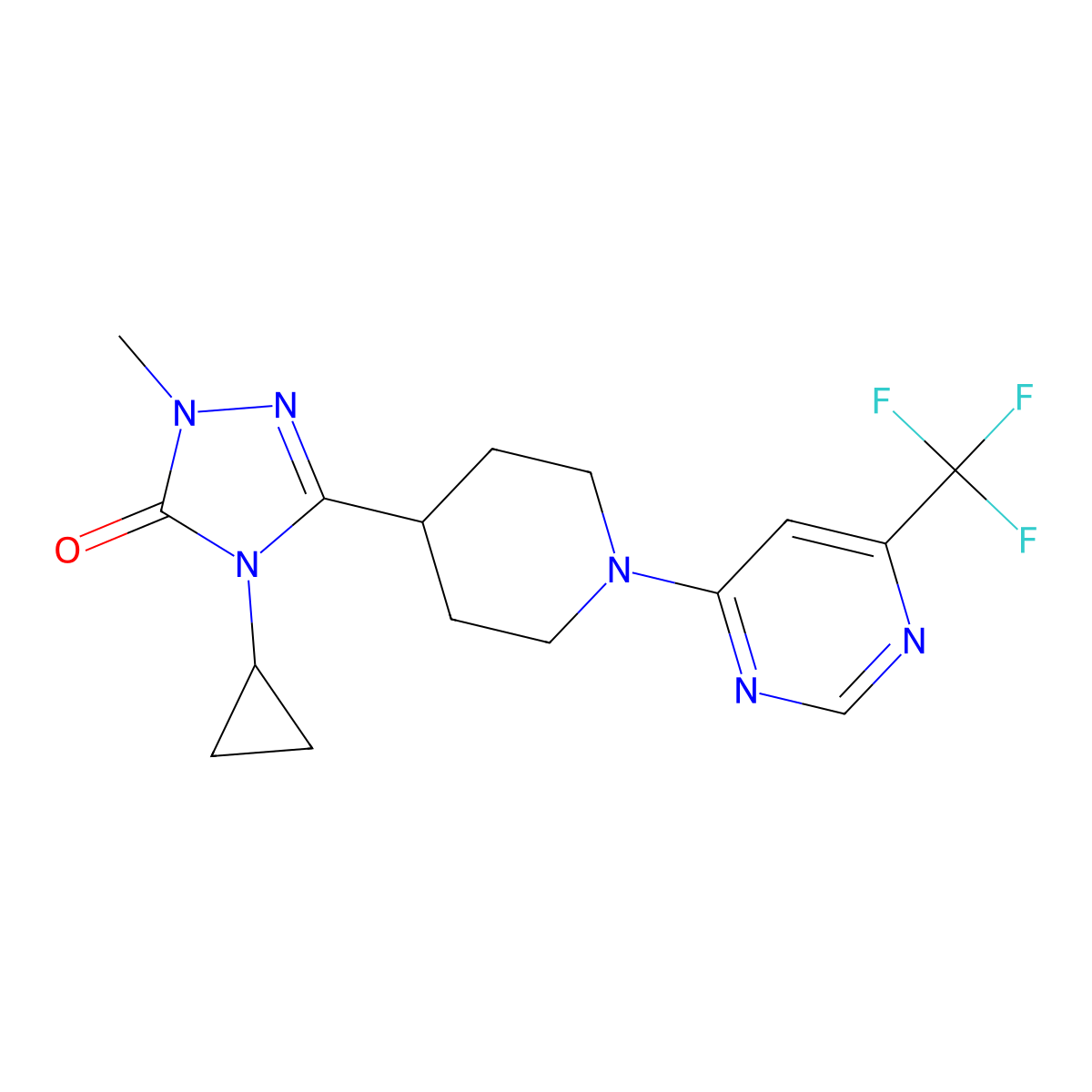 4-cyclopropyl-1-methyl-3-{1-[6-(trifluoromethyl)pyrimidin-4-yl]piperidin-4-yl}-4,5-dihydro-1H-1,2,4-triazol-5-one molecular structure, CAS 2741958-28-9