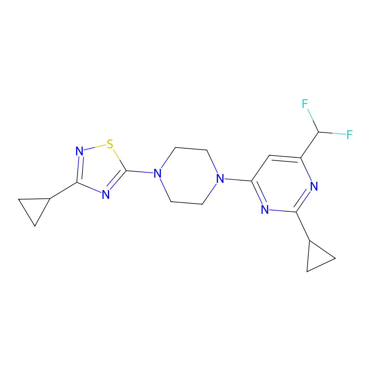 2-Cyclopropyl-4-[4-(3-cyclopropyl-1,2,4-thiadiazol-5-yl)piperazin-1-yl]-6-(difluoromethyl)pyrimidine molecular structure, CAS 2741958-29-0