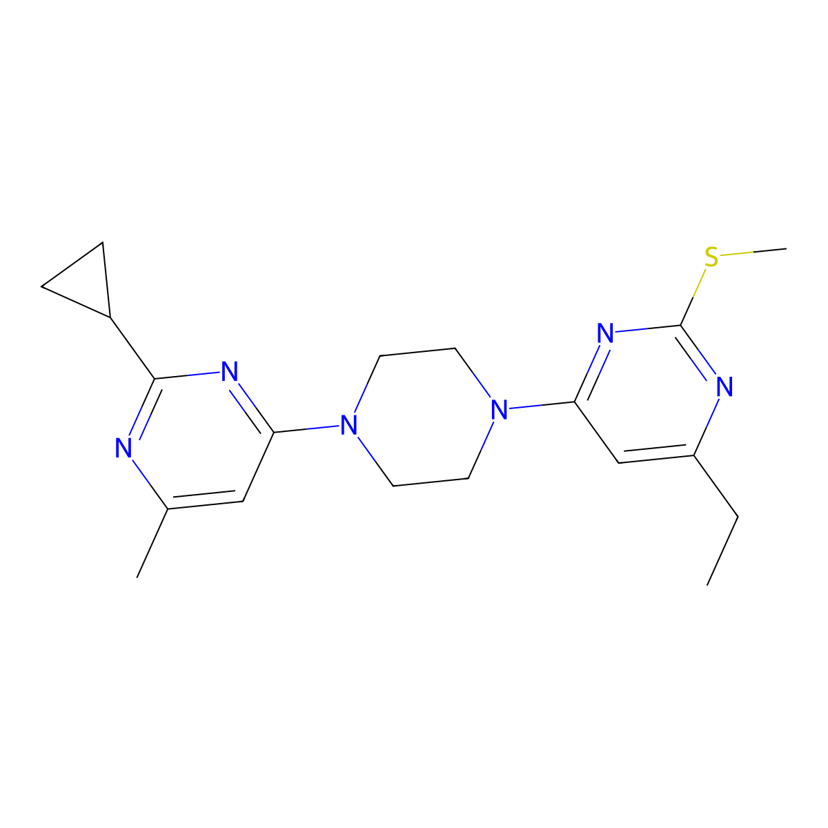 2-Cyclopropyl-4-{4-[6-ethyl-2-(methylsulfanyl)pyrimidin-4-yl]piperazin-1-yl}-6-methylpyrimidine molecular structure, CAS 2741958-32-5