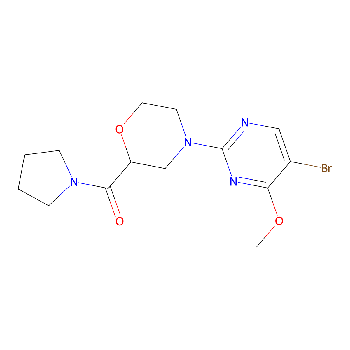 4-(5-Bromo-4-methoxypyrimidin-2-yl)-2-(pyrrolidine-1-carbonyl)morpholine molecular structure, CAS 2741958-37-0