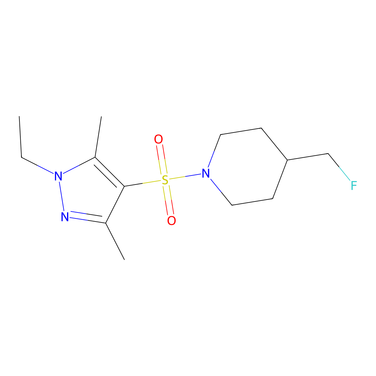 1-[(1-ethyl-3,5-dimethyl-1H-pyrazol-4-yl)sulfonyl]-4-(fluoromethyl)piperidine molecular structure, CAS 2741958-40-5