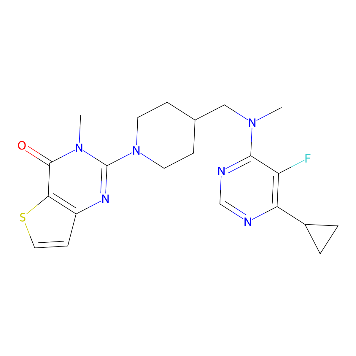 2-(4-{[(6-cyclopropyl-5-fluoropyrimidin-4-yl)(methyl)amino]methyl}piperidin-1-yl)-3-methyl-3H,4H-thieno[3,2-d]pyrimidin-4-one molecular structure, CAS 2741958-43-8