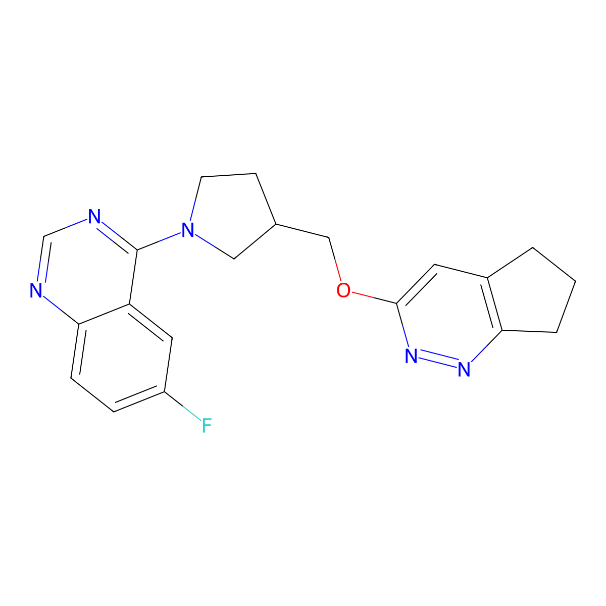 4-[3-({5H,6H,7H-cyclopenta[c]pyridazin-3-yloxy}methyl)pyrrolidin-1-yl]-6-fluoroquinazoline molecular structure, CAS 2741958-44-9