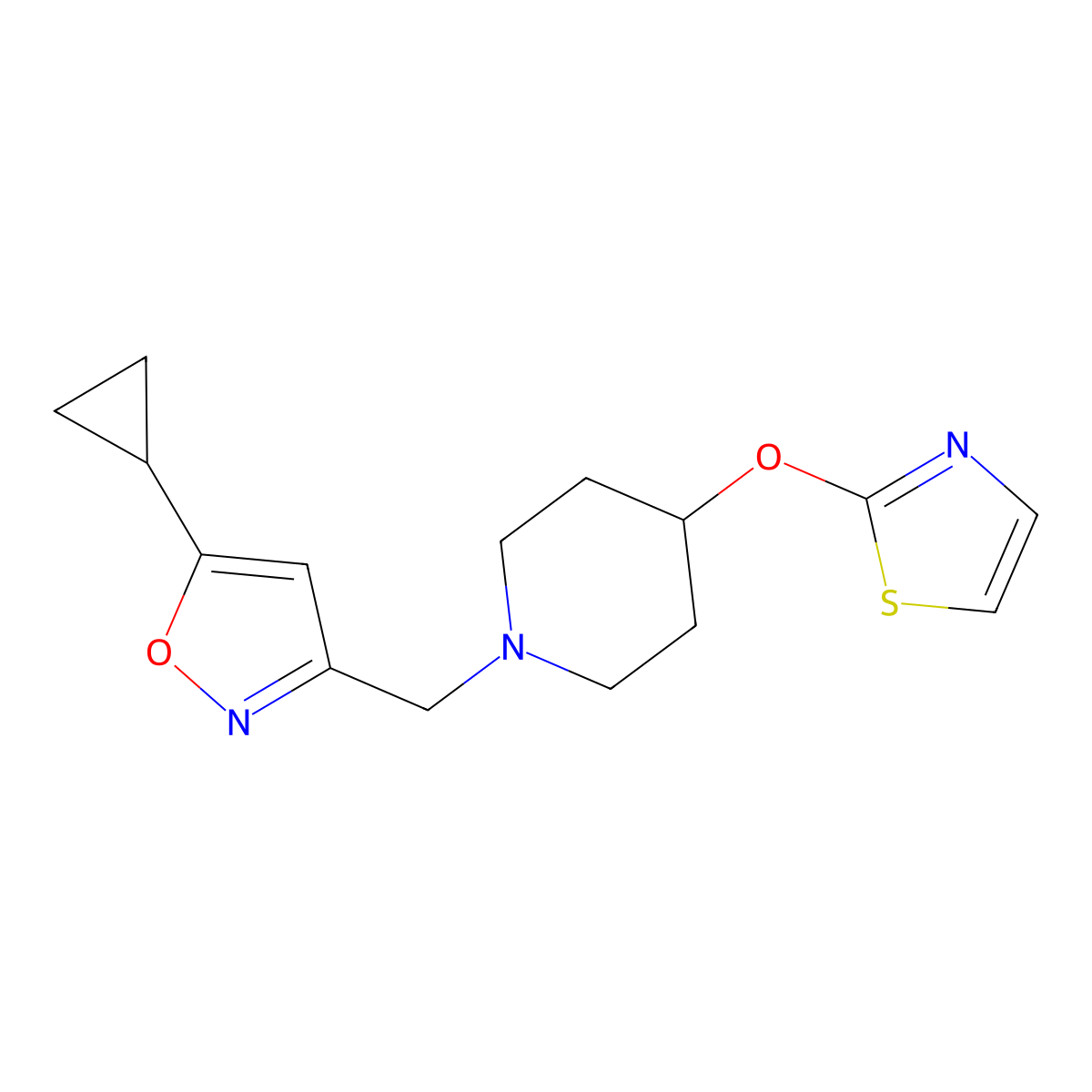 1-[(5-Cyclopropyl-1,2-oxazol-3-yl)methyl]-4-(1,3-thiazol-2-yloxy)piperidine molecular structure, CAS 2741958-55-2