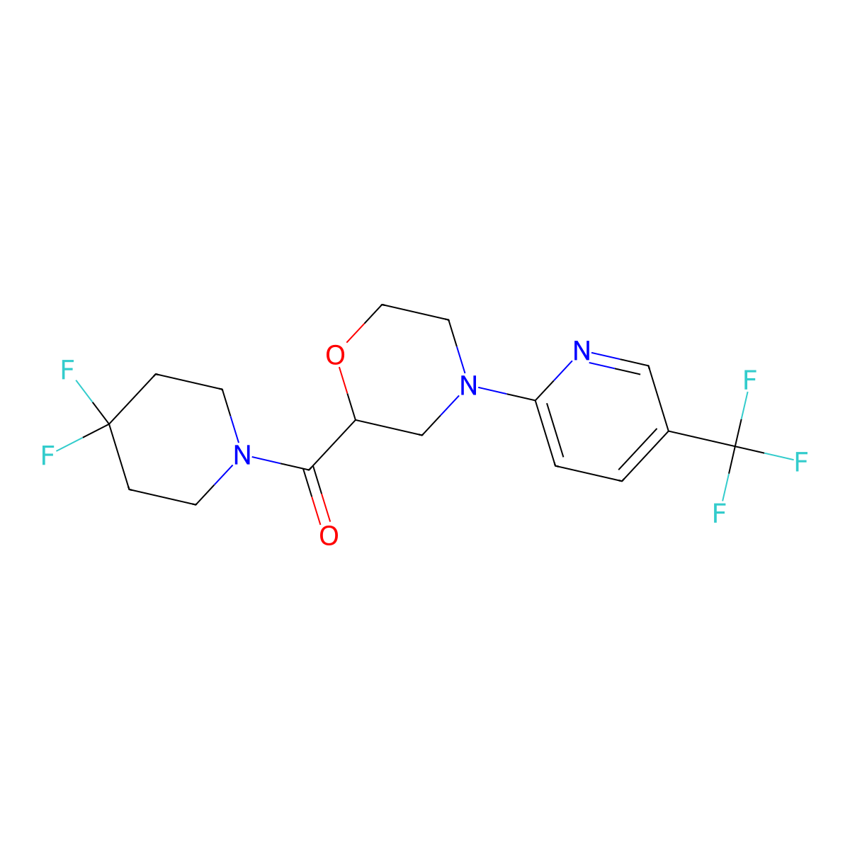 2-(4,4-Difluoropiperidine-1-carbonyl)-4-[5-(trifluoromethyl)pyridin-2-yl]morpholine molecular structure, CAS 2741958-60-9