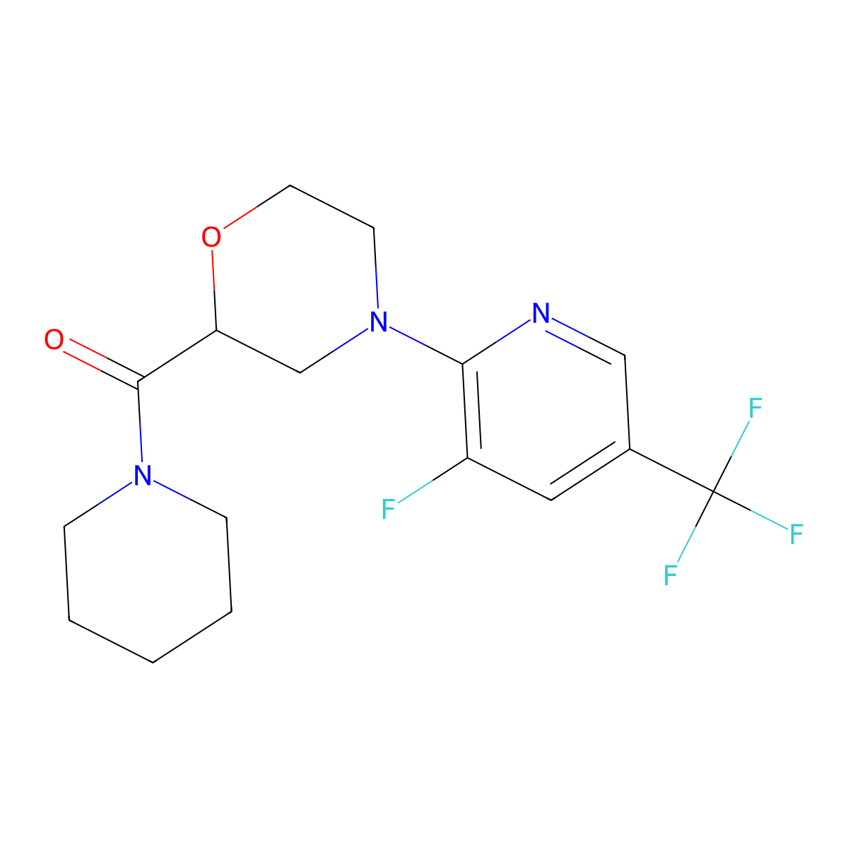 4-[3-Fluoro-5-(trifluoromethyl)pyridin-2-yl]-2-(piperidine-1-carbonyl)morpholine molecular structure, CAS 2741958-61-0