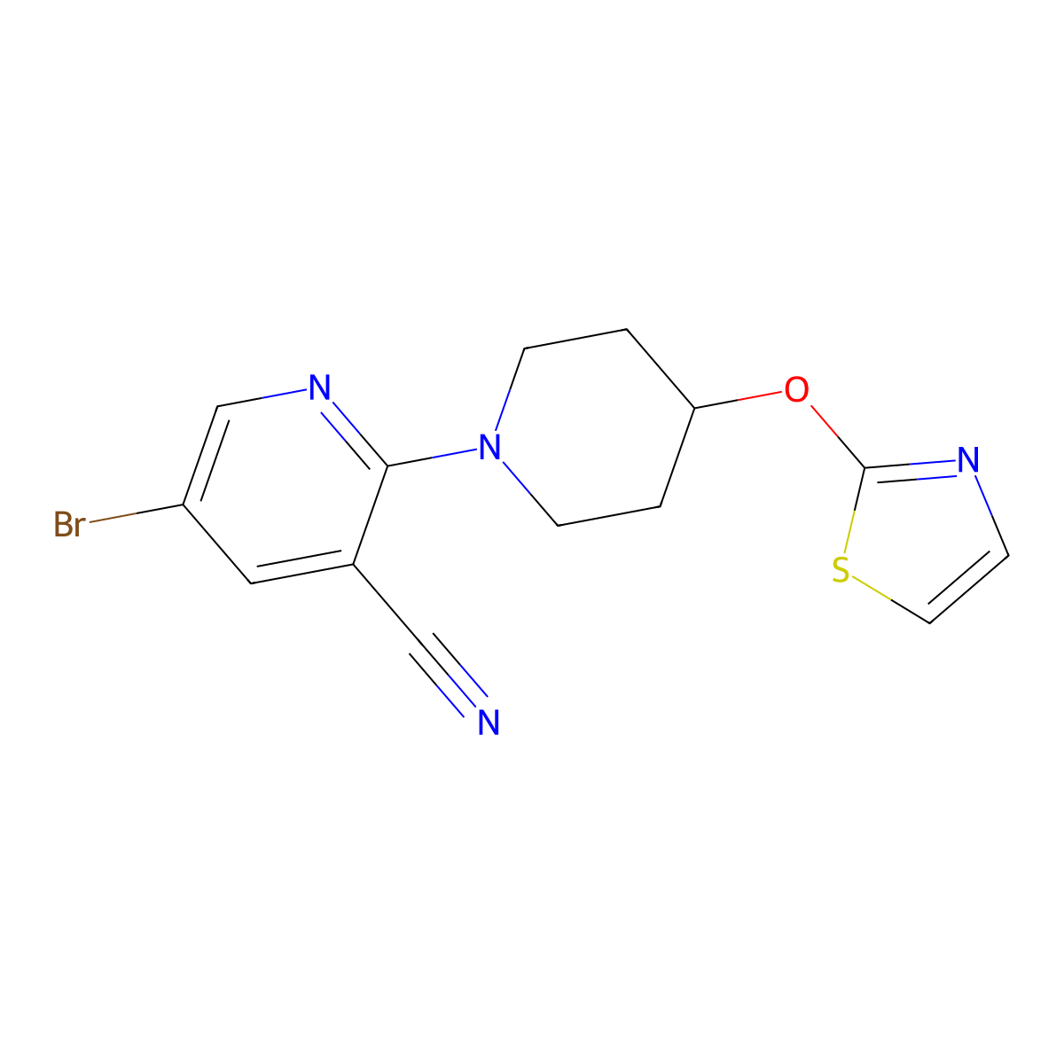 5-Bromo-2-[4-(1,3-thiazol-2-yloxy)piperidin-1-yl]pyridine-3-carbonitrile molecular structure, CAS 2741958-62-1