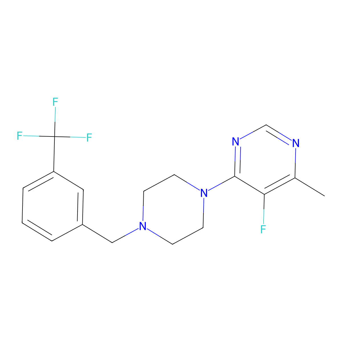 5-Fluoro-4-methyl-6-(4-{[3-(trifluoromethyl)phenyl]methyl}piperazin-1-yl)pyrimidine molecular structure, CAS 2741958-64-3