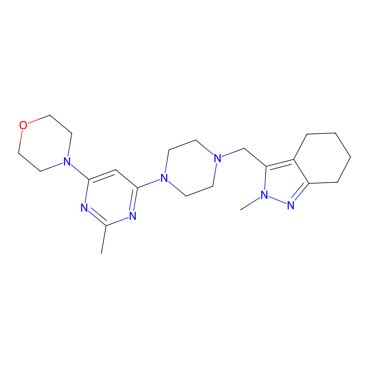 2-methyl-3-({4-[2-methyl-6-(morpholin-4-yl)pyrimidin-4-yl]piperazin-1-yl}methyl)-4,5,6,7-tetrahydro-2H-indazole molecular structure, CAS 2741958-70-1