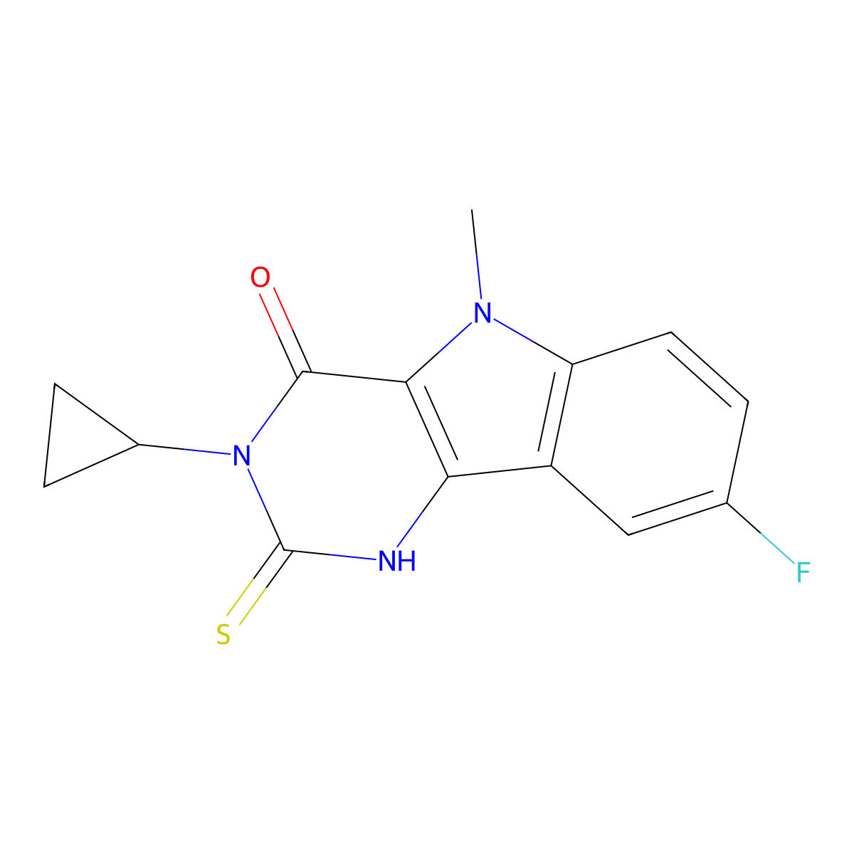 3-cyclopropyl-8-fluoro-5-methyl-2-sulfanylidene-1H,2H,3H,4H,5H-pyrimido[5,4-b]indol-4-one molecular structure, CAS 2741958-79-0