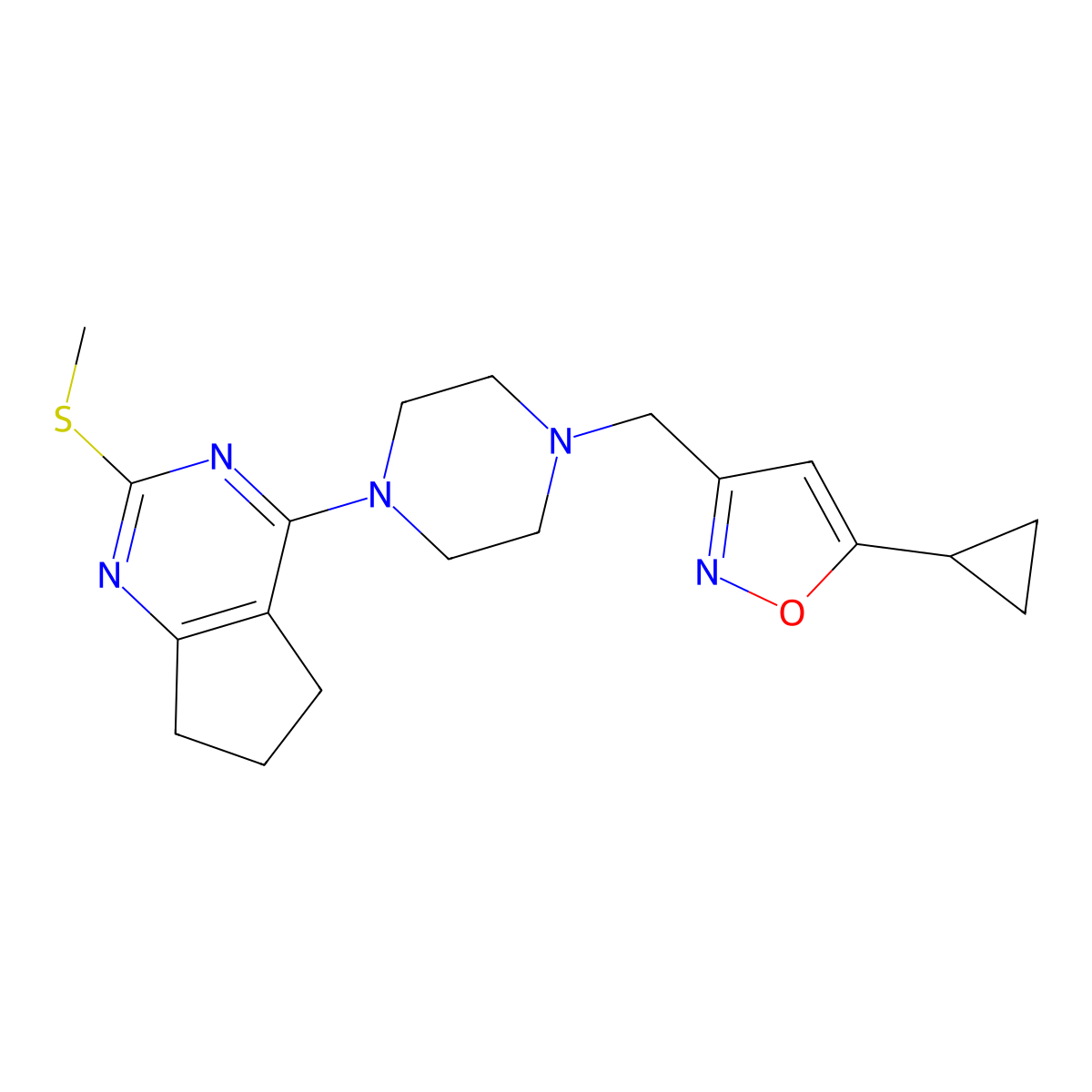 1-[(5-cyclopropyl-1,2-oxazol-3-yl)methyl]-4-[2-(methylsulfanyl)-5H,6H,7H-cyclopenta[d]pyrimidin-4-yl]piperazine molecular structure, CAS 2742005-63-4