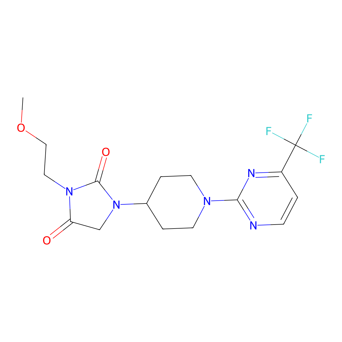 3-(2-Methoxyethyl)-1-{1-[4-(trifluoromethyl)pyrimidin-2-yl]piperidin-4-yl}imidazolidine-2,4-dione molecular structure, CAS 2742005-65-6