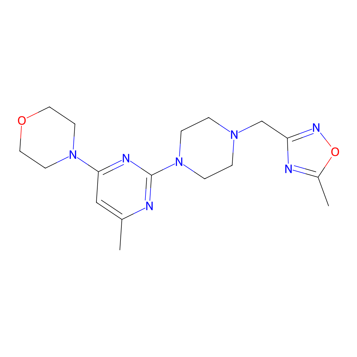 4-(6-Methyl-2-{4-[(5-methyl-1,2,4-oxadiazol-3-yl)methyl]piperazin-1-yl}pyrimidin-4-yl)morpholine molecular structure, CAS 2742005-69-0