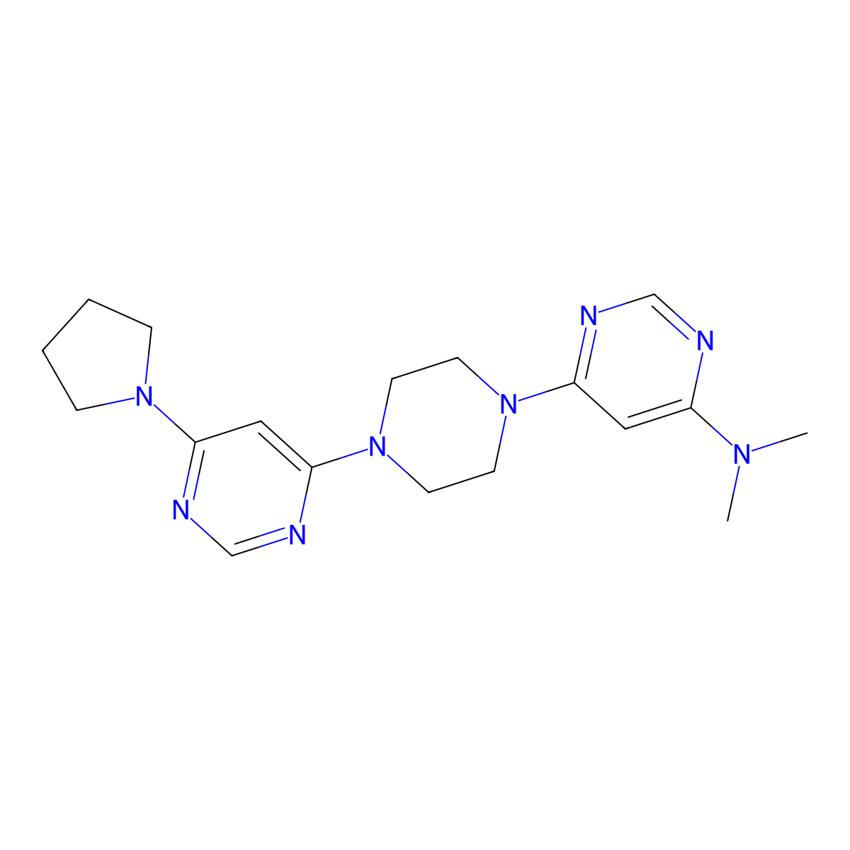 N,N-dimethyl-6-{4-[6-(pyrrolidin-1-yl)pyrimidin-4-yl]piperazin-1-yl}pyrimidin-4-amine molecular structure, CAS 2742005-73-6