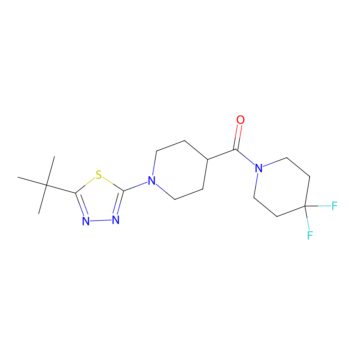 1-(5-Tert-butyl-1,3,4-thiadiazol-2-yl)-4-(4,4-difluoropiperidine-1-carbonyl)piperidine molecular structure, CAS 2742005-80-5