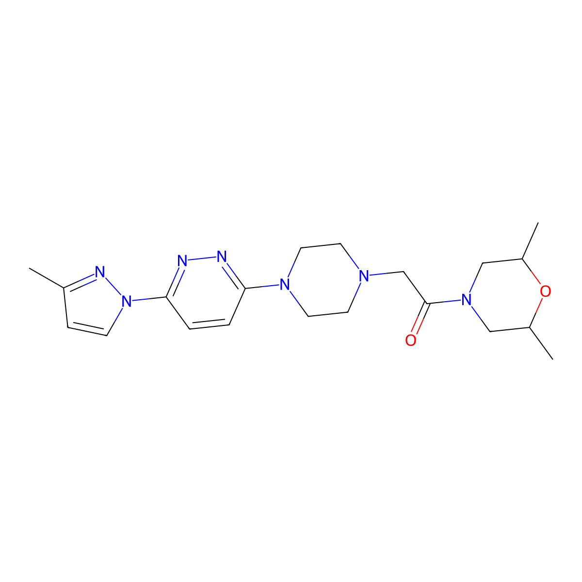 1-(2,6-dimethylmorpholin-4-yl)-2-{4-[6-(3-methyl-1H-pyrazol-1-yl)pyridazin-3-yl]piperazin-1-yl}ethan-1-one molecular structure, CAS 2742005-84-9