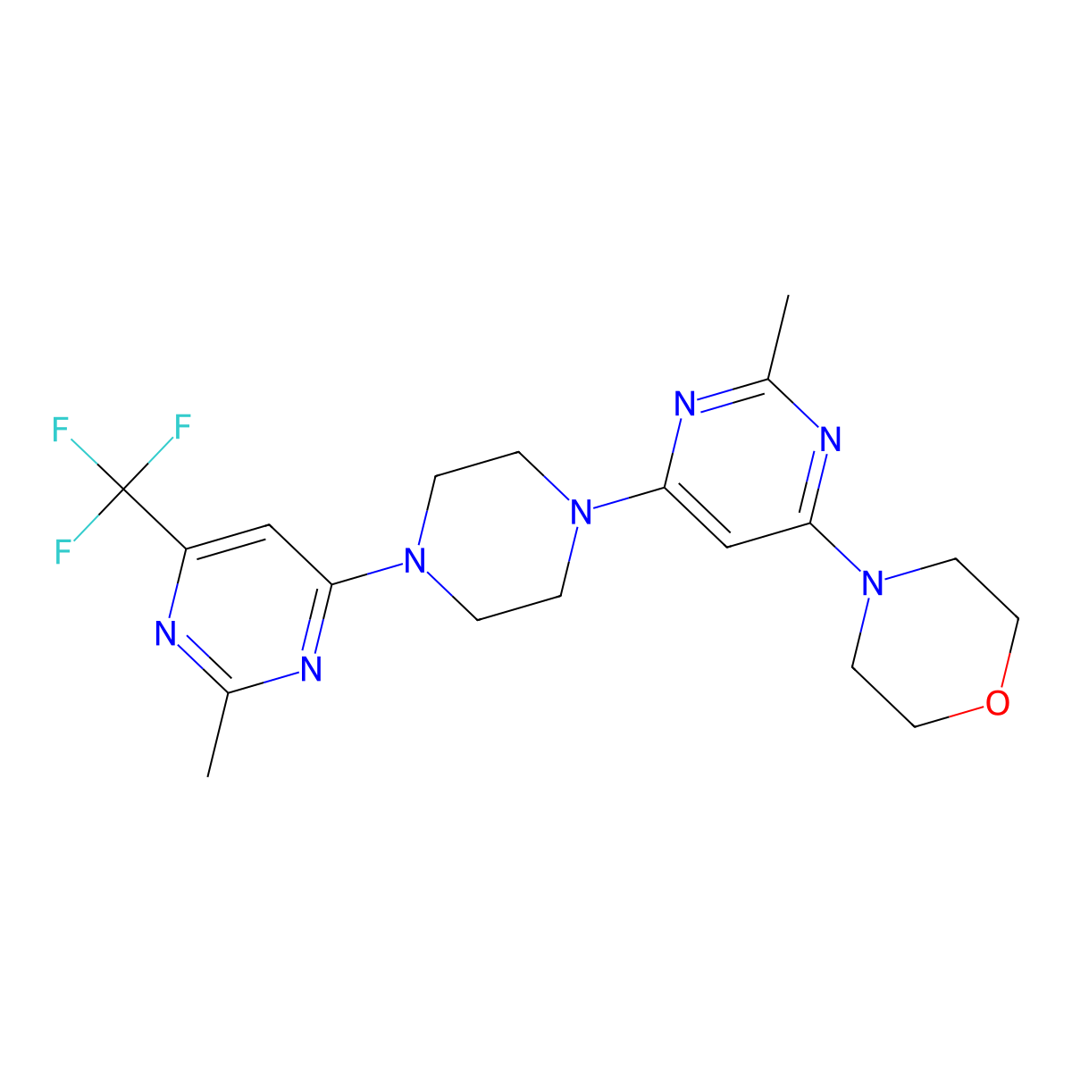 4-(2-Methyl-6-{4-[2-methyl-6-(trifluoromethyl)pyrimidin-4-yl]piperazin-1-yl}pyrimidin-4-yl)morpholine molecular structure, CAS 2742006-02-4