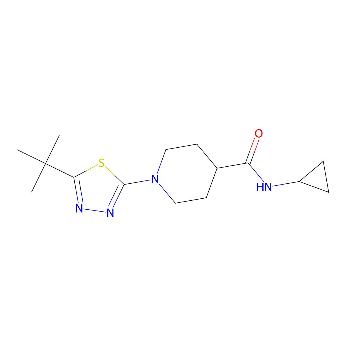 1-(5-tert-butyl-1,3,4-thiadiazol-2-yl)-N-cyclopropylpiperidine-4-carboxamide molecular structure, CAS 2742006-04-6