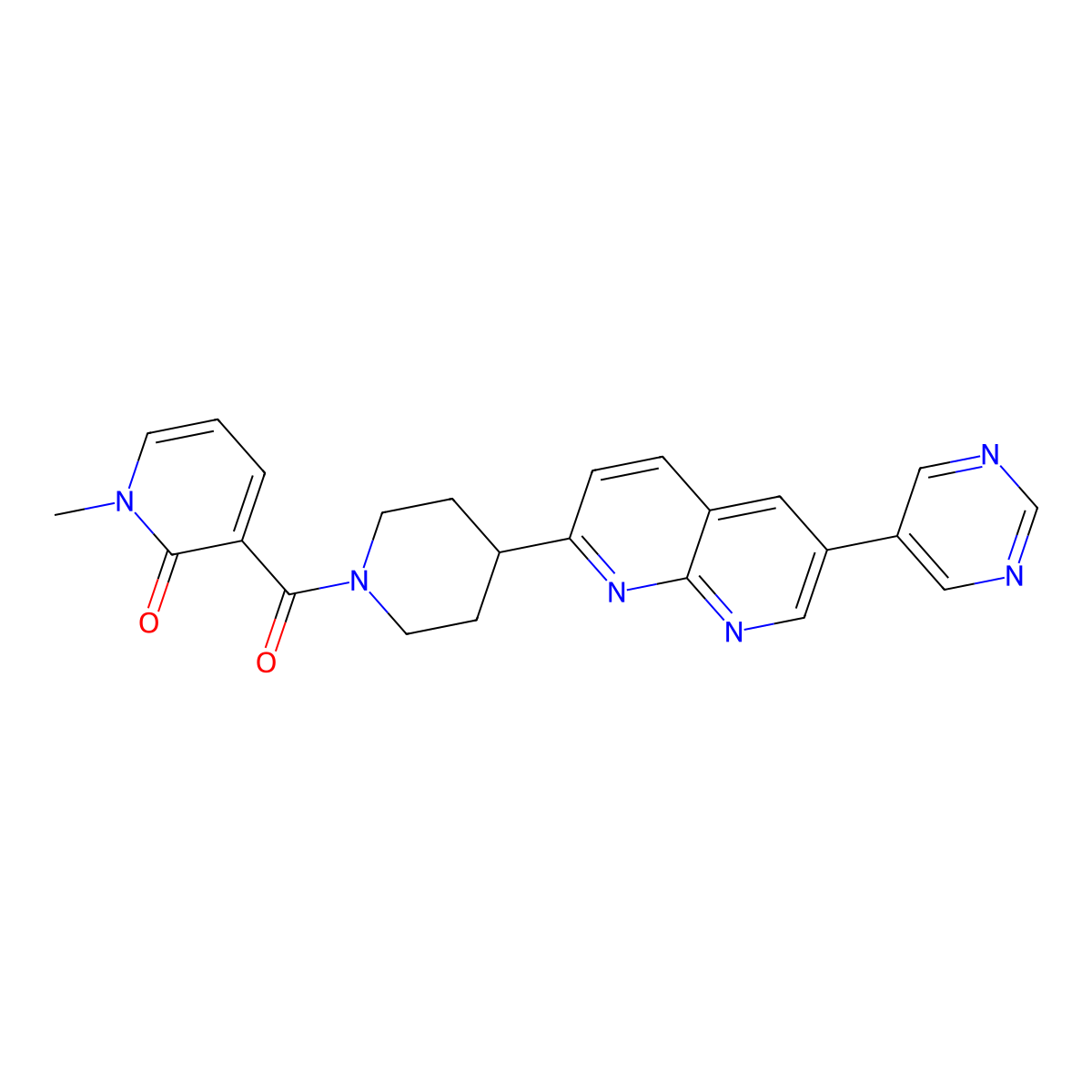 1-Methyl-3-{4-[6-(pyrimidin-5-yl)-1,8-naphthyridin-2-yl]piperidine-1-carbonyl}-1,2-dihydropyridin-2-one molecular structure, CAS 2742006-05-7