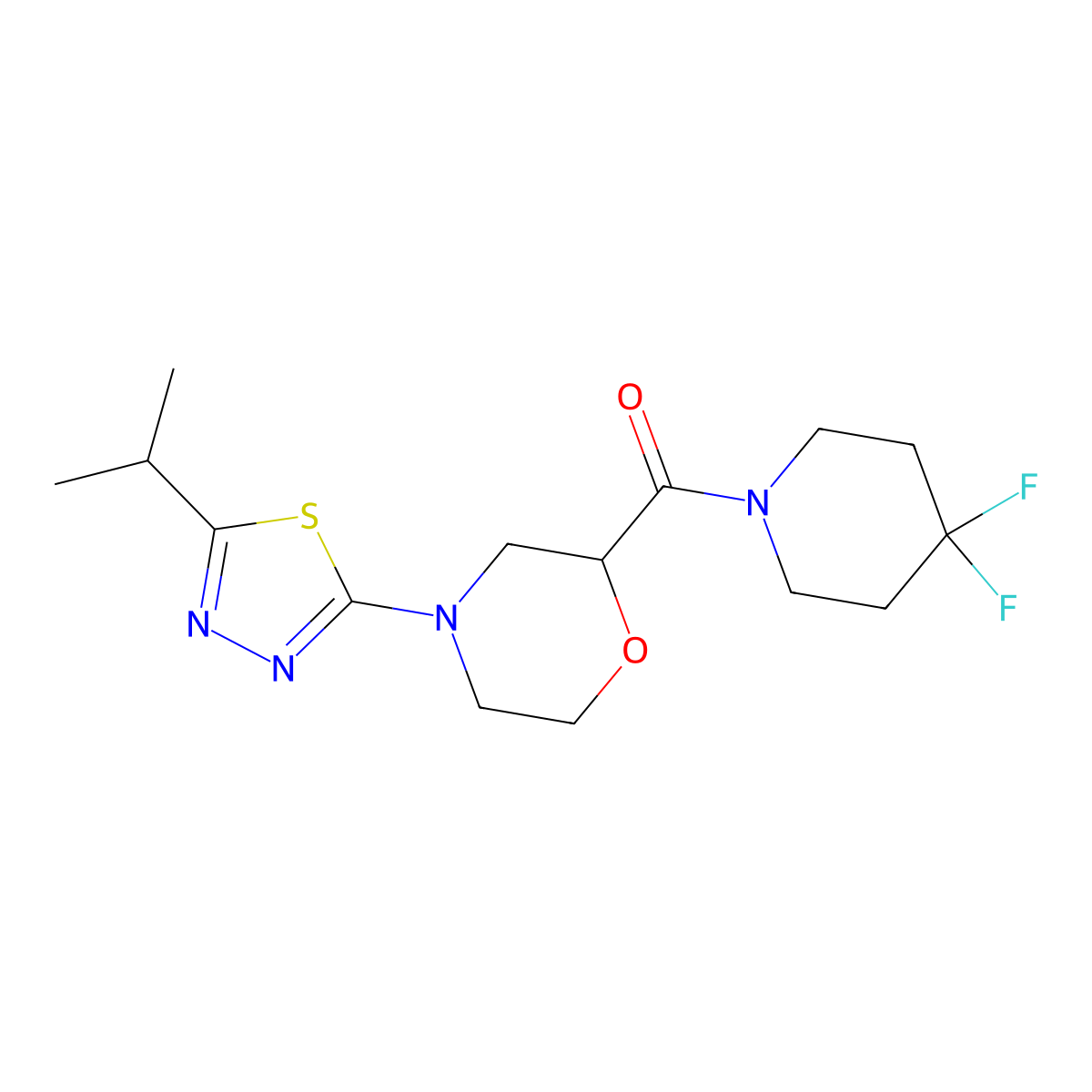 2-(4,4-Difluoropiperidine-1-carbonyl)-4-[5-(propan-2-yl)-1,3,4-thiadiazol-2-yl]morpholine molecular structure, CAS 2742006-06-8