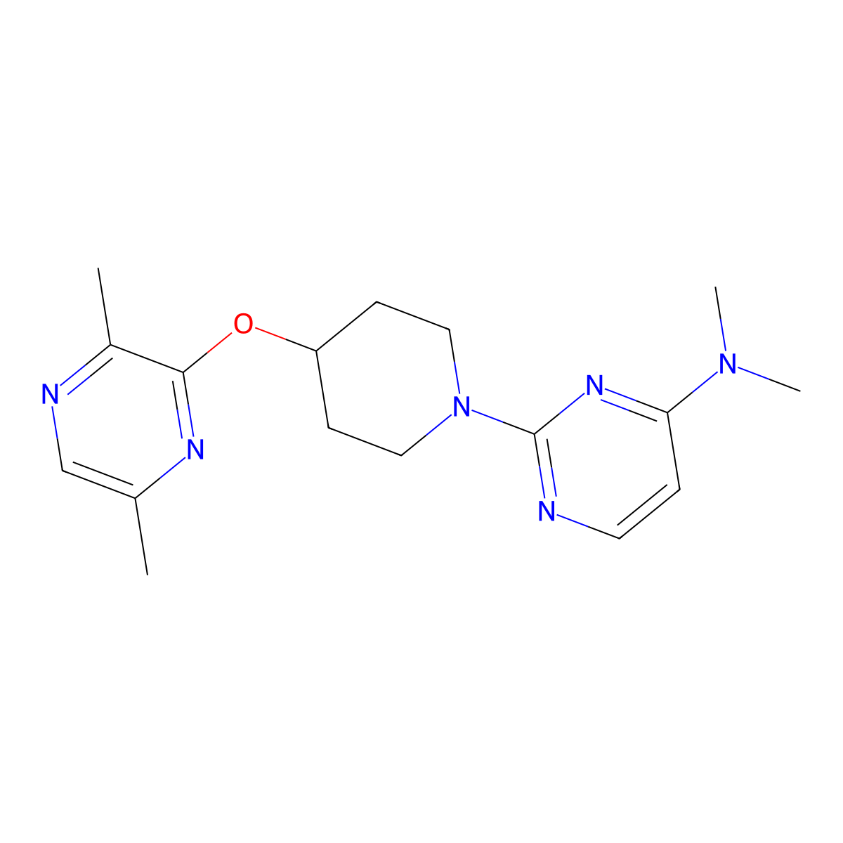 2-{4-[(3,6-dimethylpyrazin-2-yl)oxy]piperidin-1-yl}-N,N-dimethylpyrimidin-4-amine molecular structure, CAS 2742006-12-6