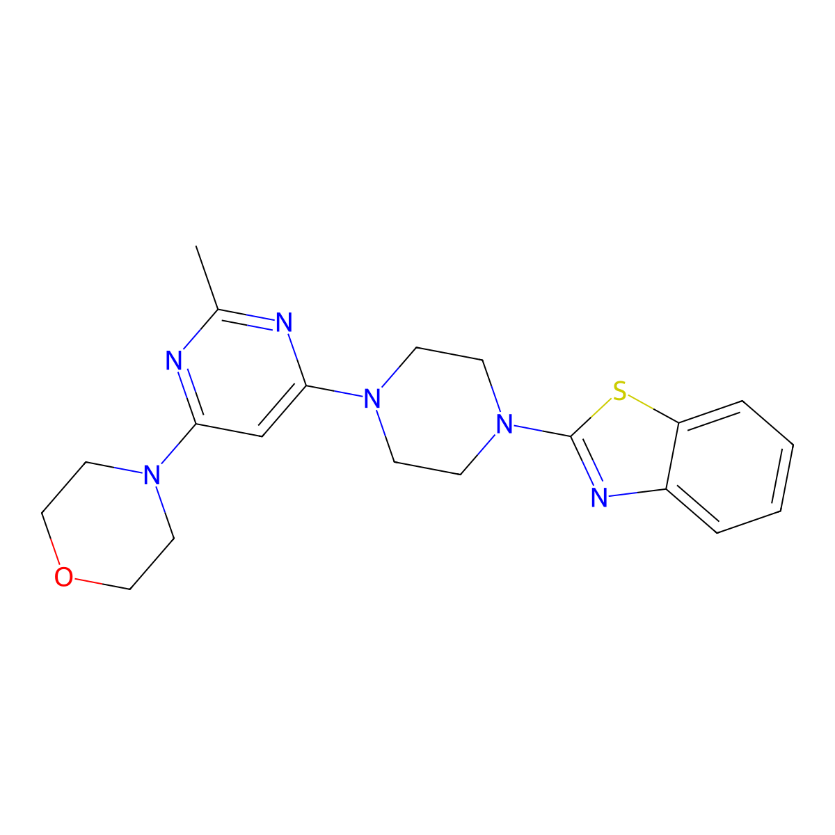 2-{4-[2-Methyl-6-(morpholin-4-yl)pyrimidin-4-yl]piperazin-1-yl}-1,3-benzothiazole molecular structure, CAS 2742006-13-7