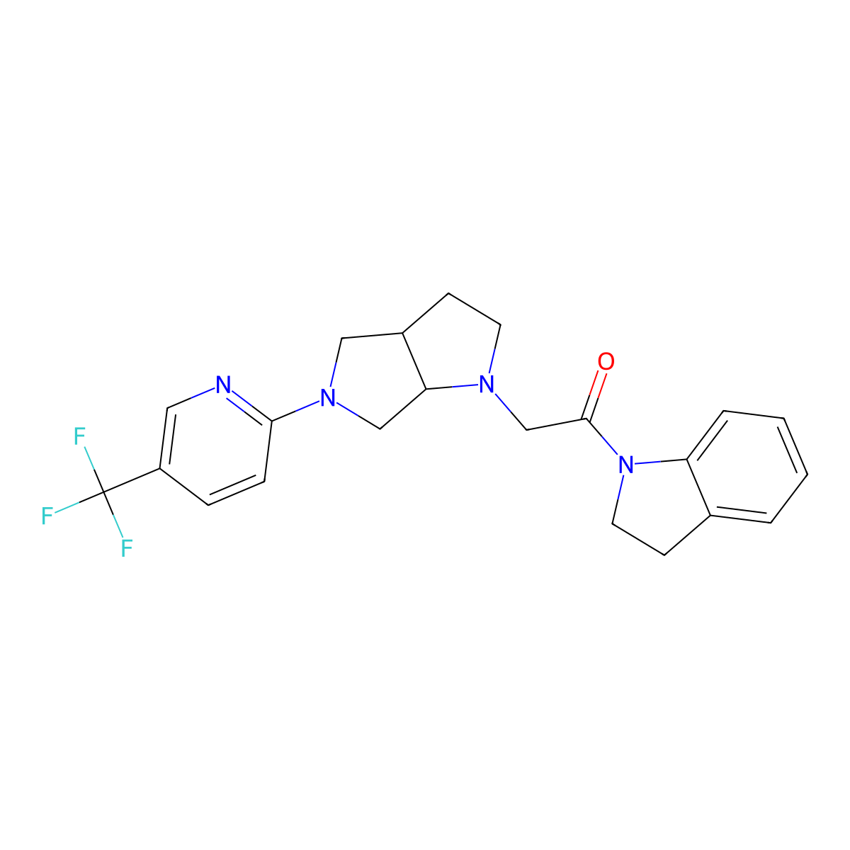 1-(2,3-dihydro-1H-indol-1-yl)-2-{5-[5-(trifluoromethyl)pyridin-2-yl]-octahydropyrrolo[3,4-b]pyrrol-1-yl}ethan-1-one molecular structure, CAS 2742006-14-8