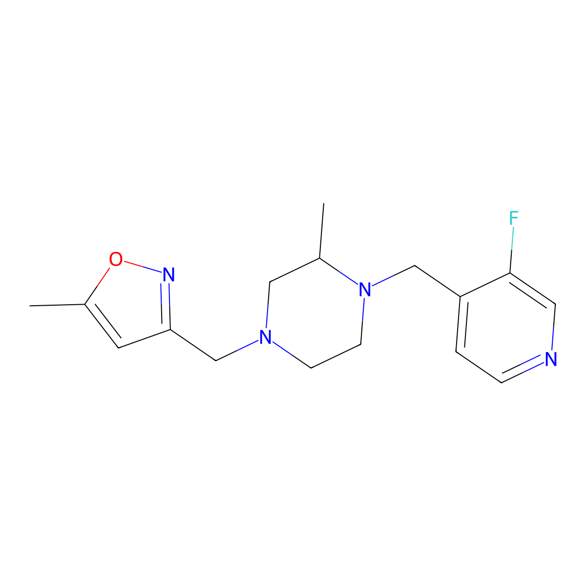 1-[(3-Fluoropyridin-4-yl)methyl]-2-methyl-4-[(5-methyl-1,2-oxazol-3-yl)methyl]piperazine molecular structure, CAS 2742006-22-8