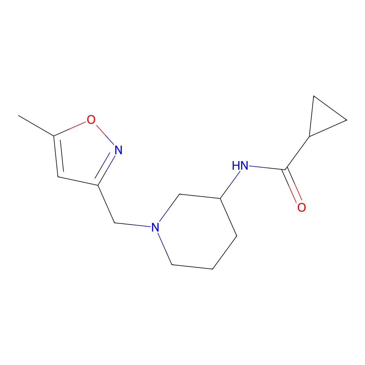 N-{1-[(5-methyl-1,2-oxazol-3-yl)methyl]piperidin-3-yl}cyclopropanecarboxamide molecular structure, CAS 2742006-25-1
