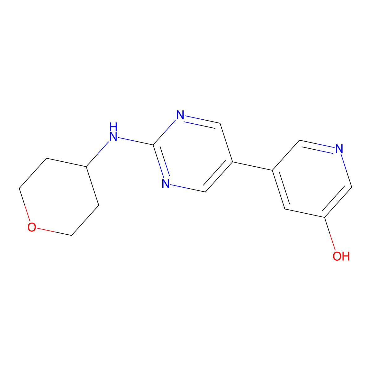 5-{2-[(Oxan-4-yl)amino]pyrimidin-5-yl}pyridin-3-ol molecular structure, CAS 2742006-28-4