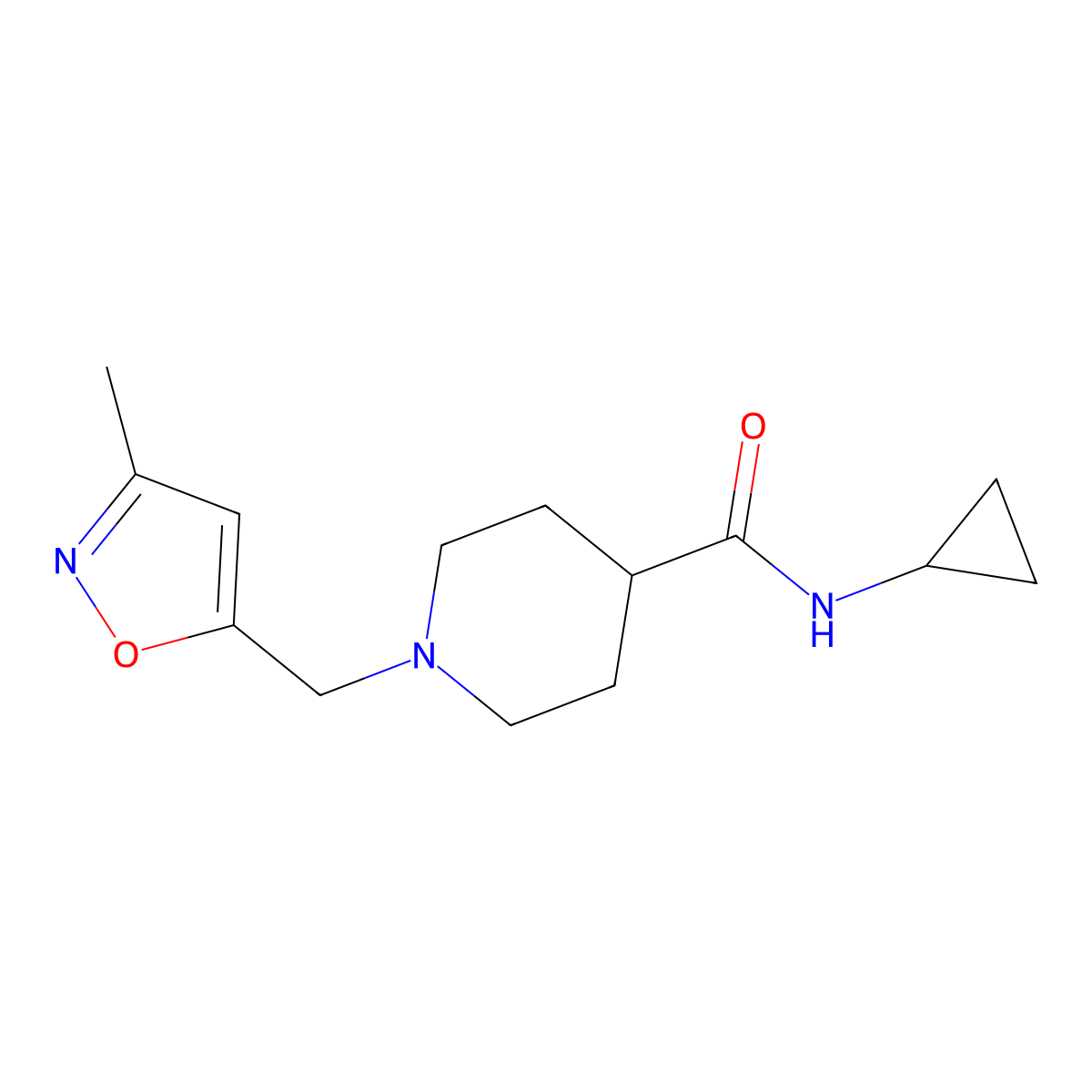 N-cyclopropyl-1-[(3-methyl-1,2-oxazol-5-yl)methyl]piperidine-4-carboxamide molecular structure, CAS 2742006-32-0