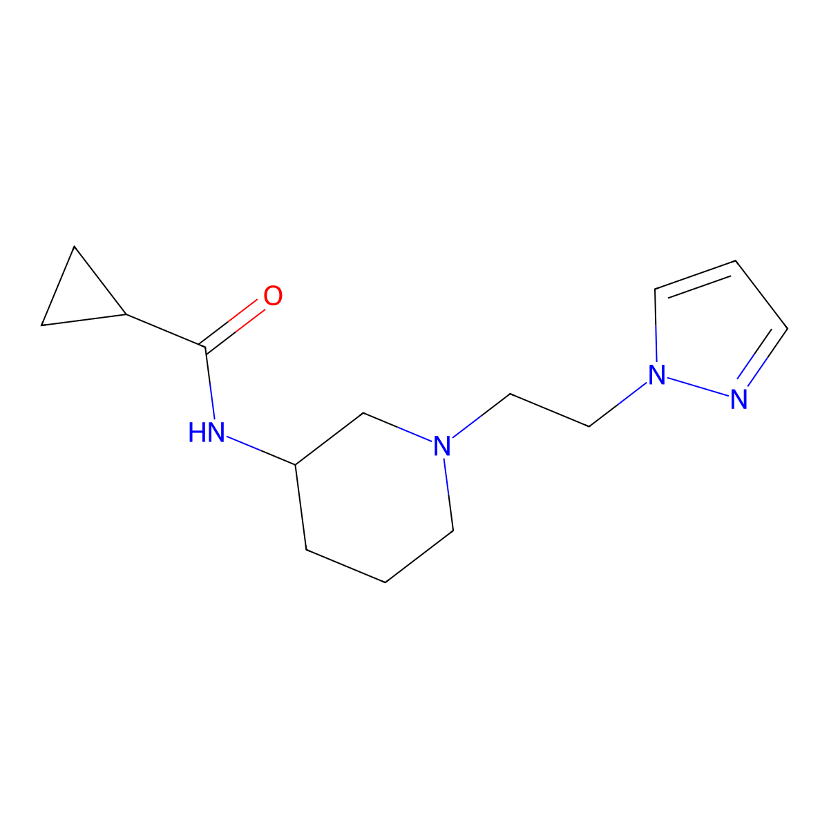 N-{1-[2-(1H-pyrazol-1-yl)ethyl]piperidin-3-yl}cyclopropanecarboxamide molecular structure, CAS 2742006-34-2