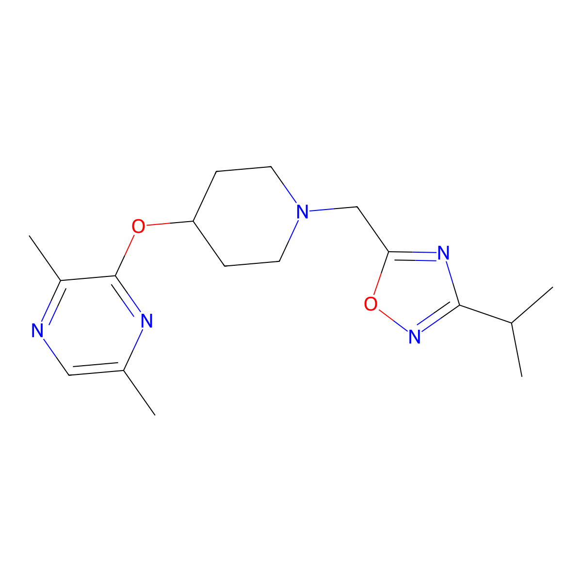 2,5-Dimethyl-3-[(1-{[3-(propan-2-yl)-1,2,4-oxadiazol-5-yl]methyl}piperidin-4-yl)oxy]pyrazine molecular structure, CAS 2742006-35-3