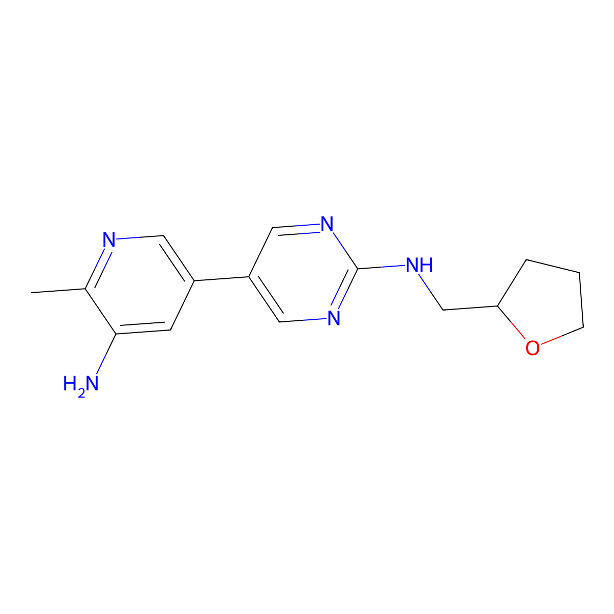 5-(5-amino-6-methylpyridin-3-yl)-N-[(oxolan-2-yl)methyl]pyrimidin-2-amine molecular structure, CAS 2742006-36-4