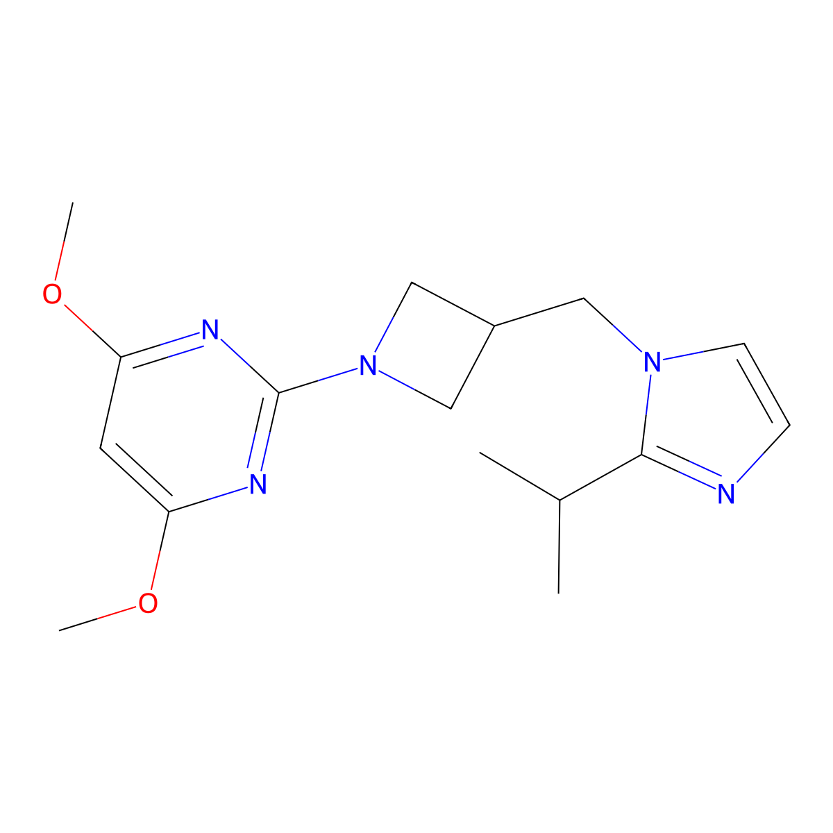 4,6-dimethoxy-2-(3-{[2-(propan-2-yl)-1H-imidazol-1-yl]methyl}azetidin-1-yl)pyrimidine molecular structure, CAS 2742006-42-2