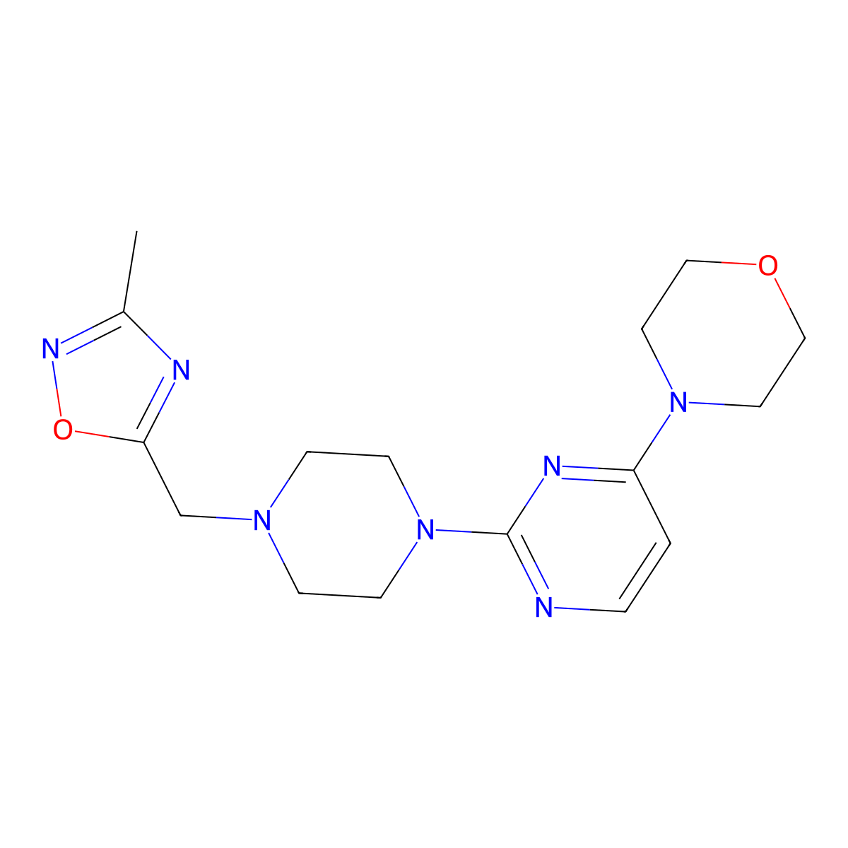 4-(2-{4-[(3-Methyl-1,2,4-oxadiazol-5-yl)methyl]piperazin-1-yl}pyrimidin-4-yl)morpholine molecular structure, CAS 2742006-43-3