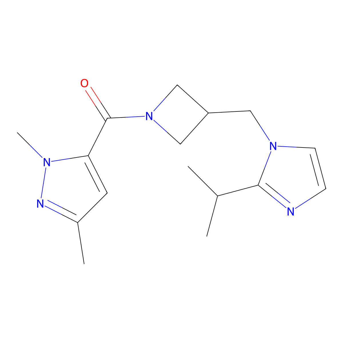 1,3-dimethyl-5-(3-{[2-(propan-2-yl)-1H-imidazol-1-yl]methyl}azetidine-1-carbonyl)-1H-pyrazole molecular structure, CAS 2742006-46-6