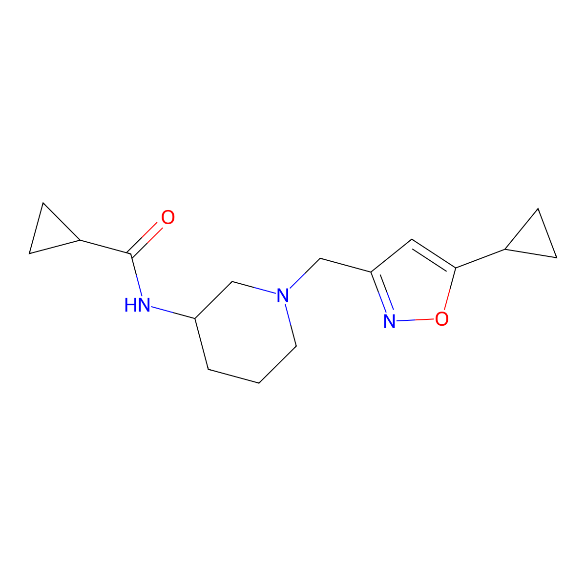 N-{1-[(5-cyclopropyl-1,2-oxazol-3-yl)methyl]piperidin-3-yl}cyclopropanecarboxamide molecular structure, CAS 2742006-51-3